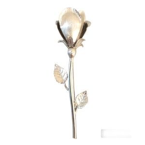 Vintage Silver Tone long Stem Rose Flower Leaves Jewelry Brooch Pin